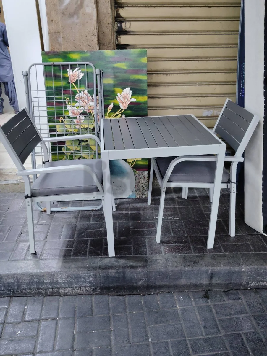 Modern Outdoor Dining Set - Table with 2 Chairs & Cushions