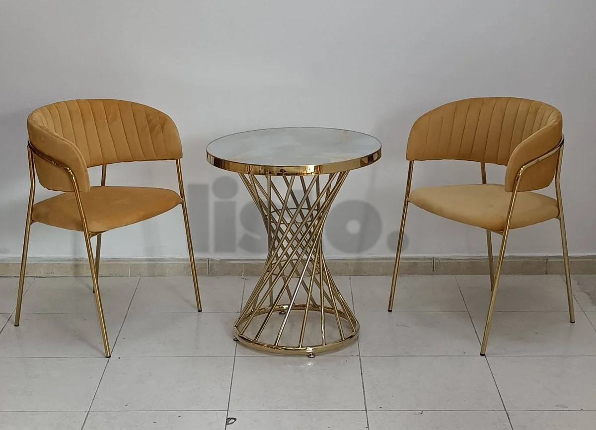 Modern Gold Cafe Table with 2 Velvet Chairs - Stylish & Compact