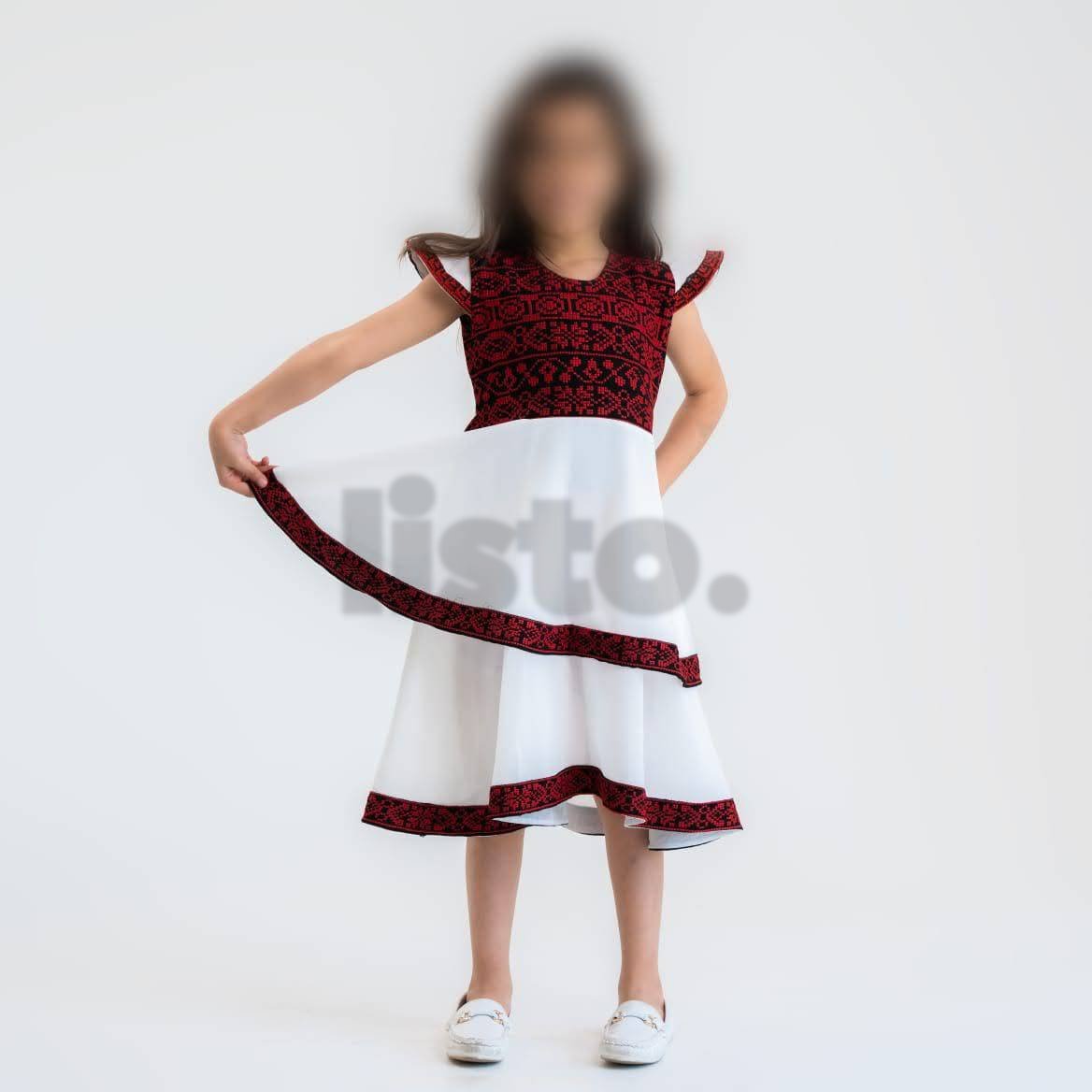 Girls' embroidered dress with traditional design - white and red