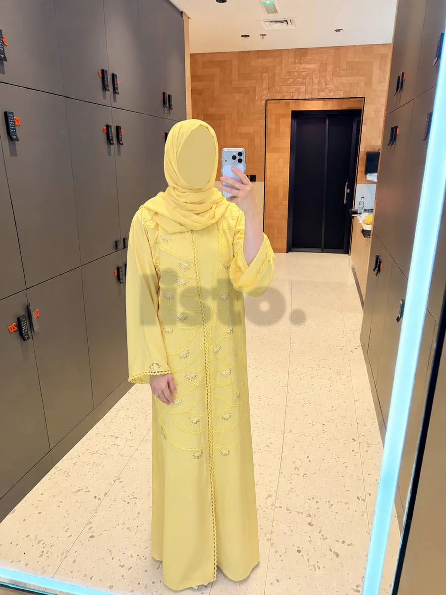 Elegant Yellow Abaya with Embroidery & Matching Hijab