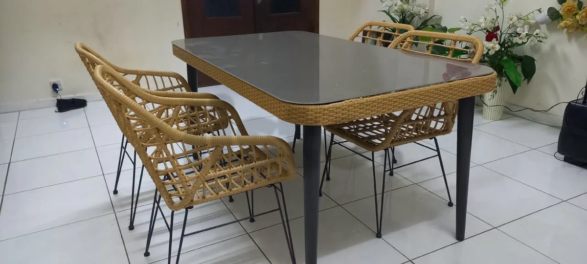 Modern Wicker Dining Table with Glass Top & 4 Chairs
