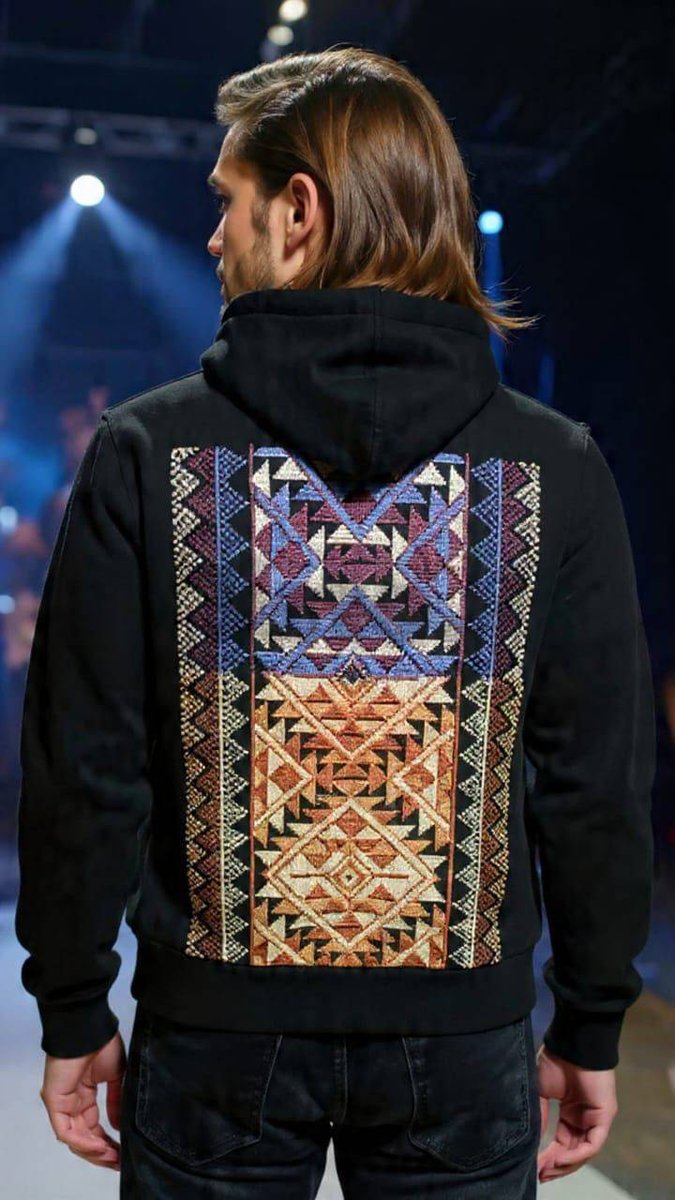 Men's stylish black hoodie with unique geometric embroidery
