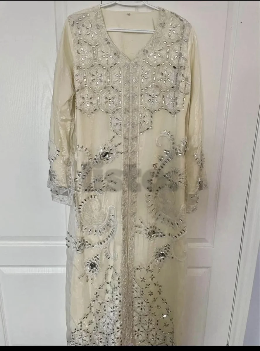 Elegant Cream Embroidered Mirror Work Kaftan Dress - Women's Fashion