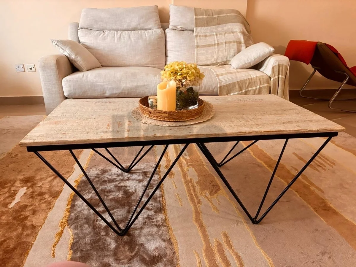 Modern Rustic Wooden Coffee Table with Geometric Metal Legs