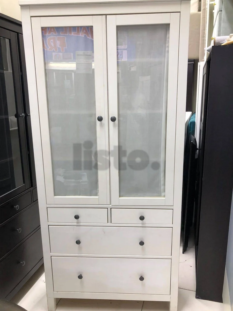 White Display Cabinet with Glass Doors and Drawers