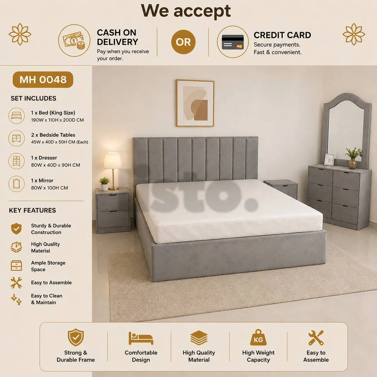 Modern Grey King Size Bedroom Set MH 0048 - Bed, Dresser, Side Tables & Mirror